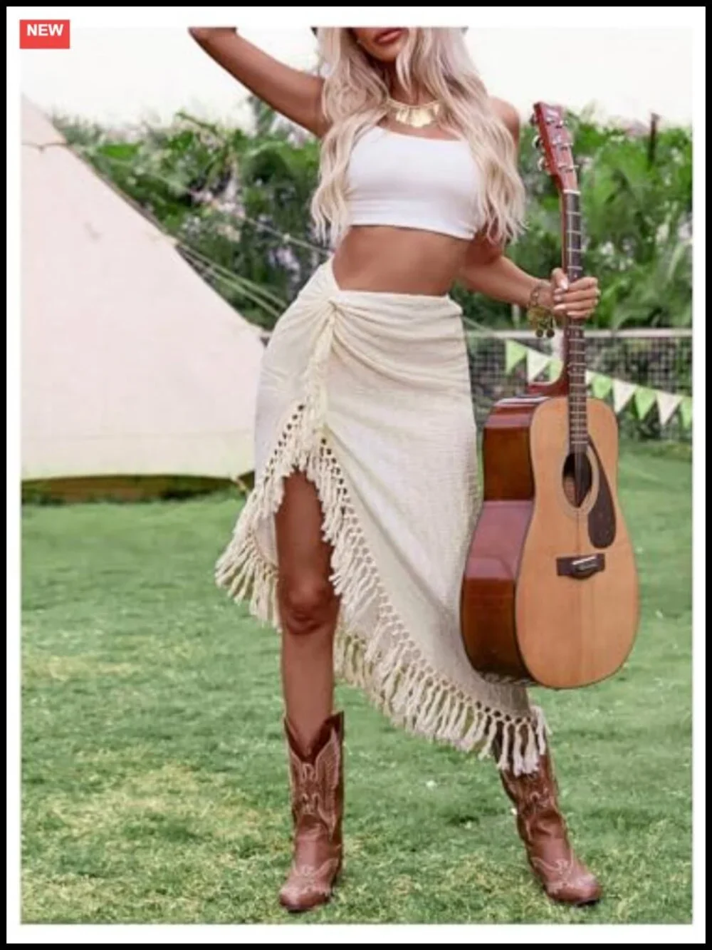 Boho Fringe Tassel Twist Front High Slit Midi Skirt